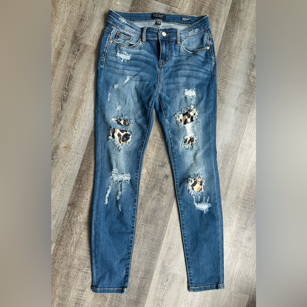 Judy Blue Distressed Skinny Jeans with Leopard Patch - Blue